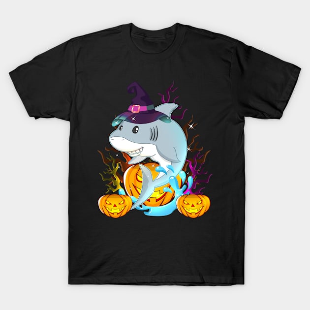 Shark With Witch Hat And Jack O Lantern Halloween T-Shirt by TheBeardComic